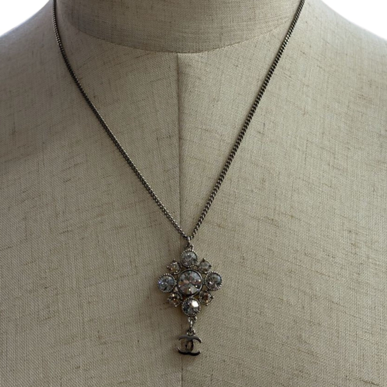 CHANEL Coco Mark Rhinestone Necklace Silver