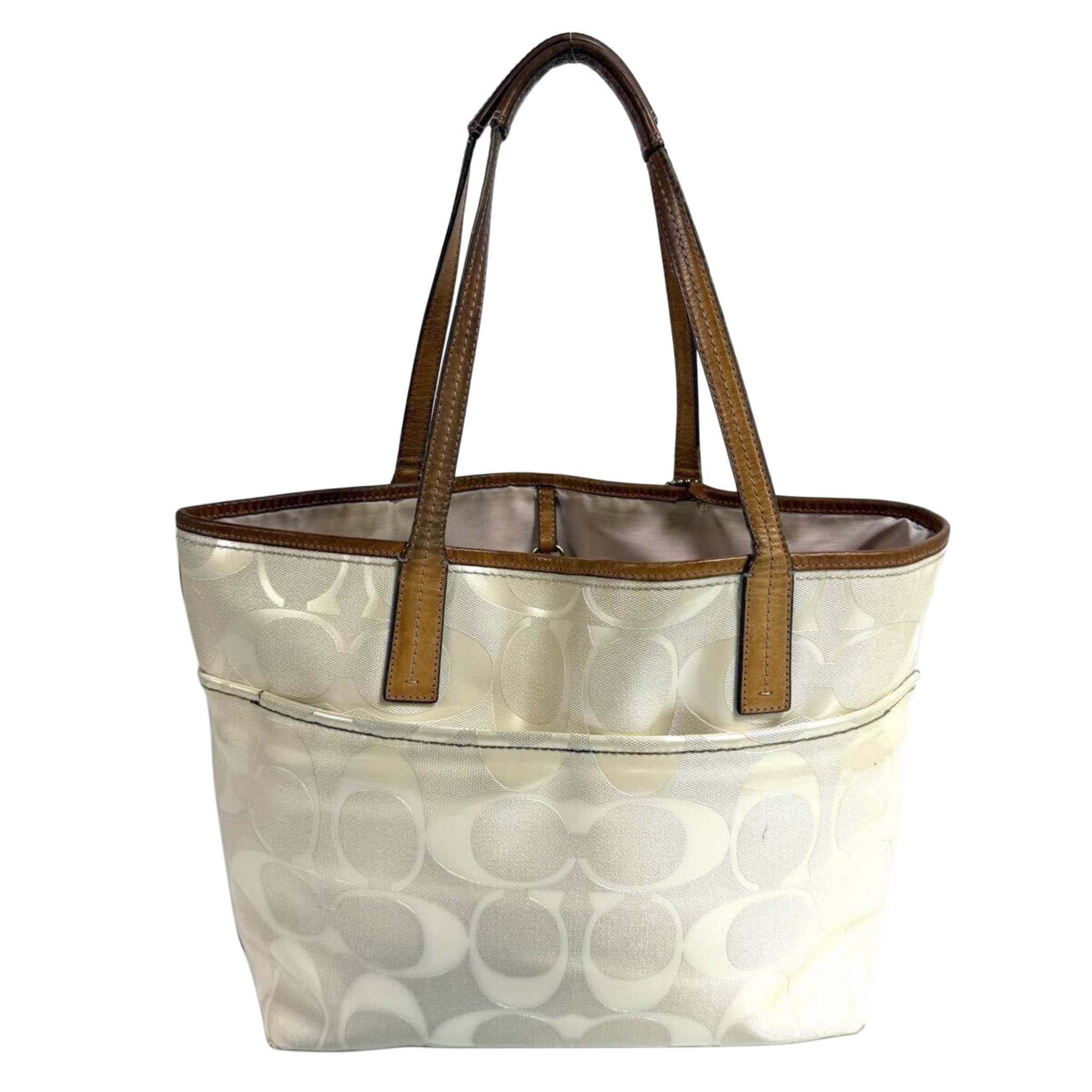 COACH Canvas Leather Signature Ivory Tote Bag with Pink Interior