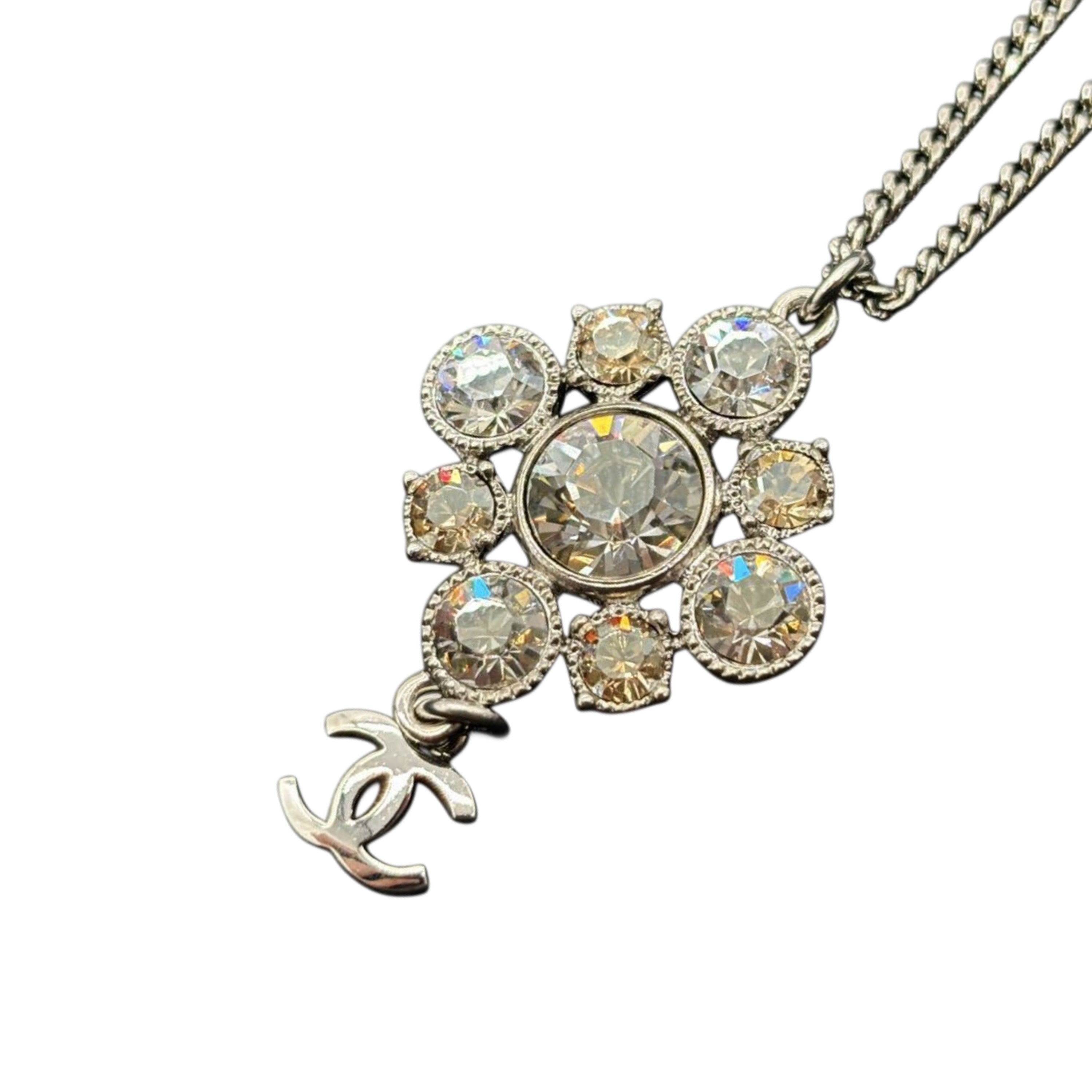 CHANEL Coco Mark Rhinestone Necklace Silver