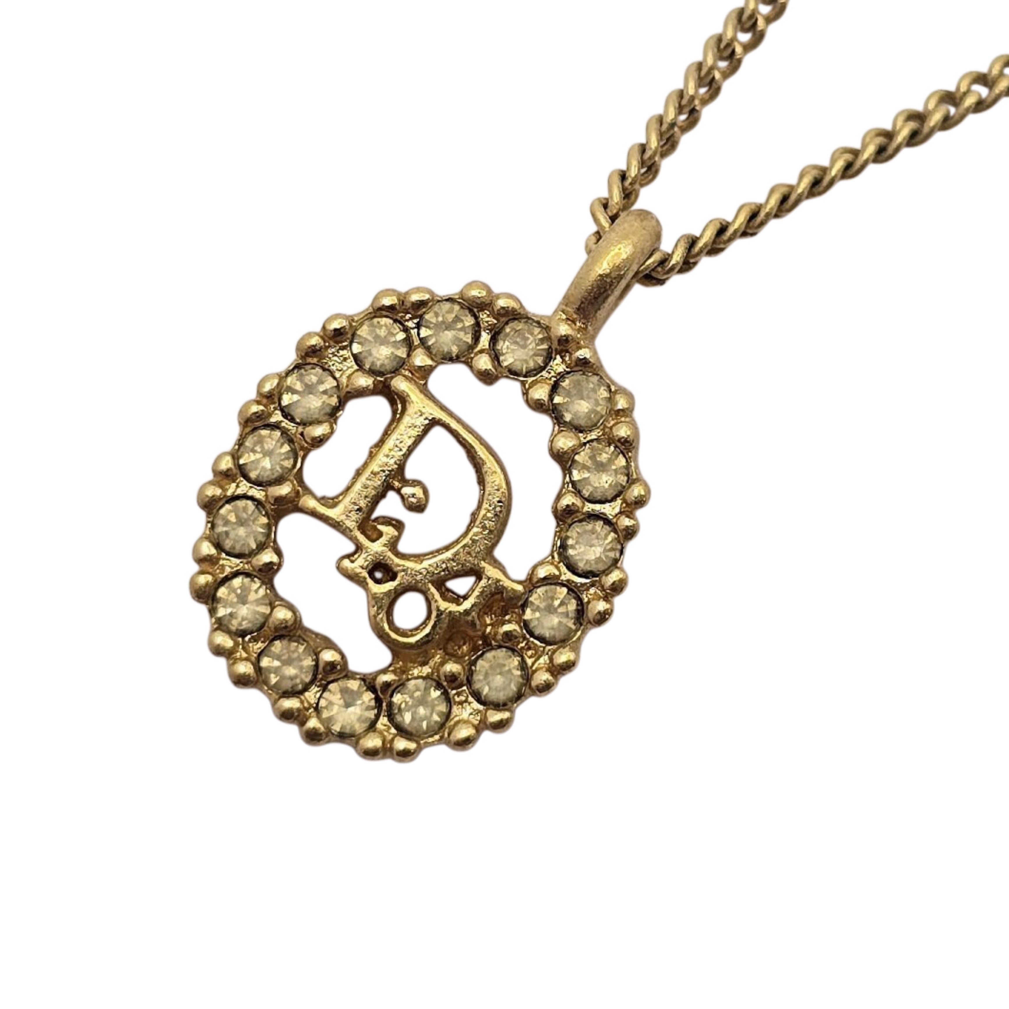 CHRISTIAN DIOR CD Logo Rhinestone Circle Pendant Necklace