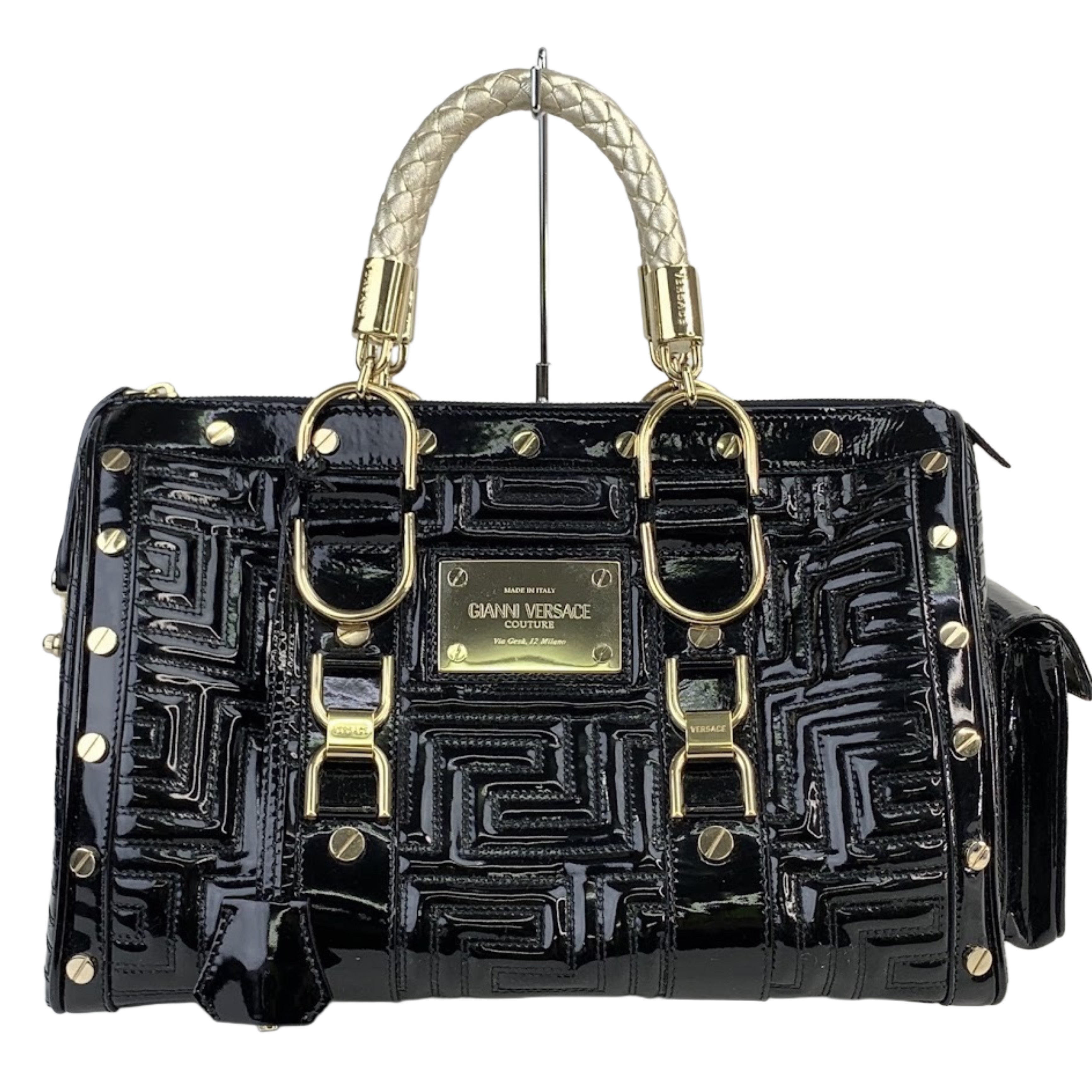 Versace Couture Black Patent Leather Boston Bag