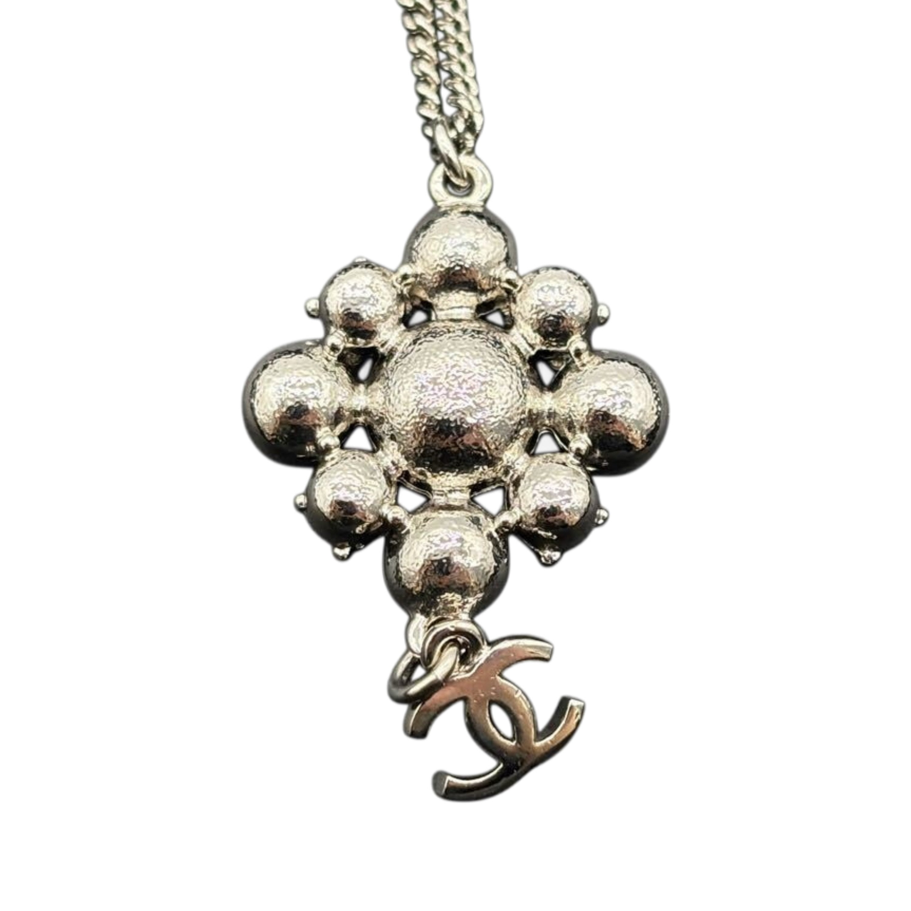 CHANEL Coco Mark Rhinestone Necklace Silver