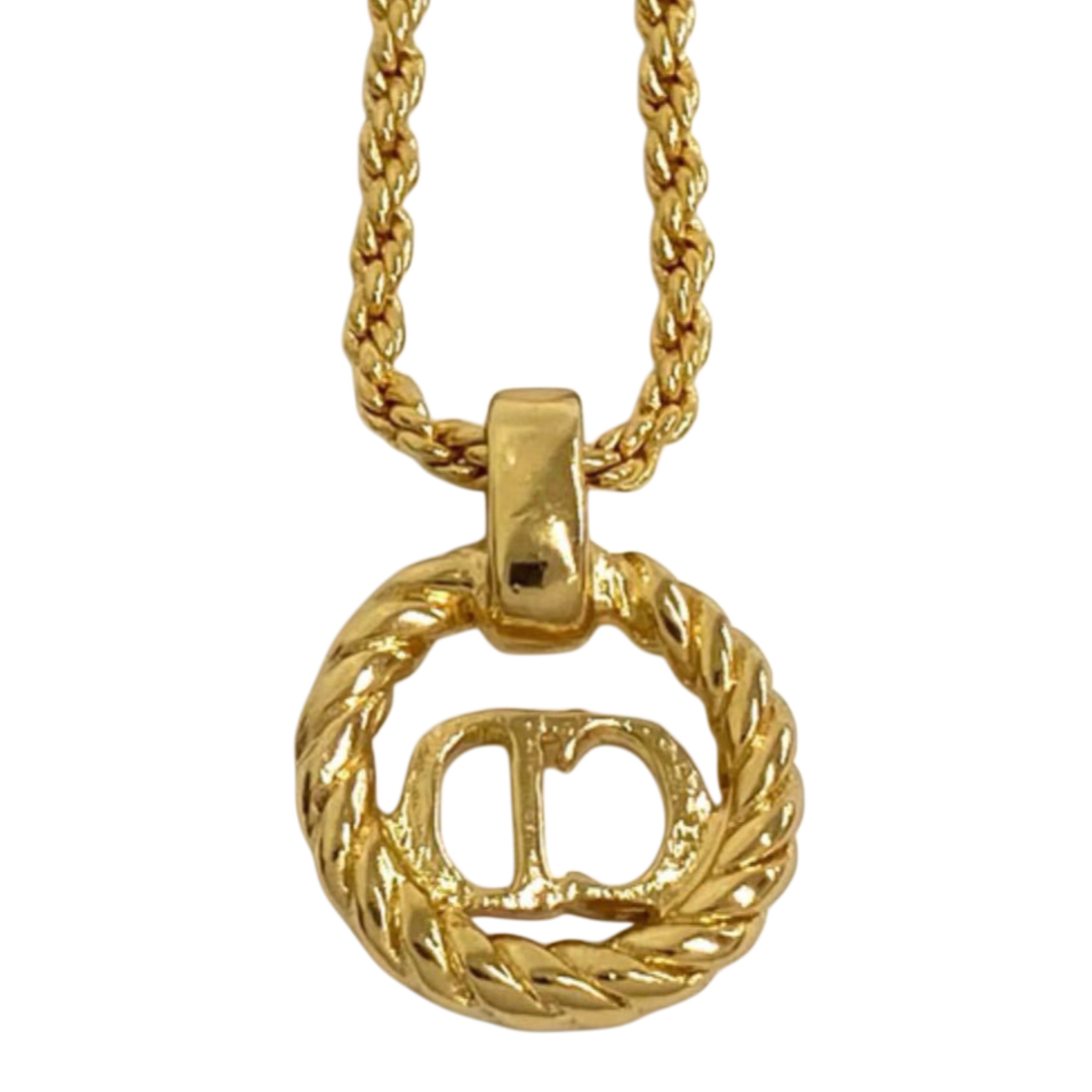 CHRISTIAN DIOR Vintage Gold Plated Rope Circle CD Logo Pendant Necklace