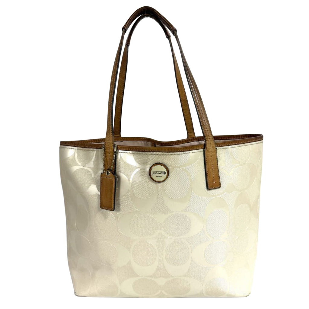 COACH Canvas Leather Signature Ivory Tote Bag with Pink Interior