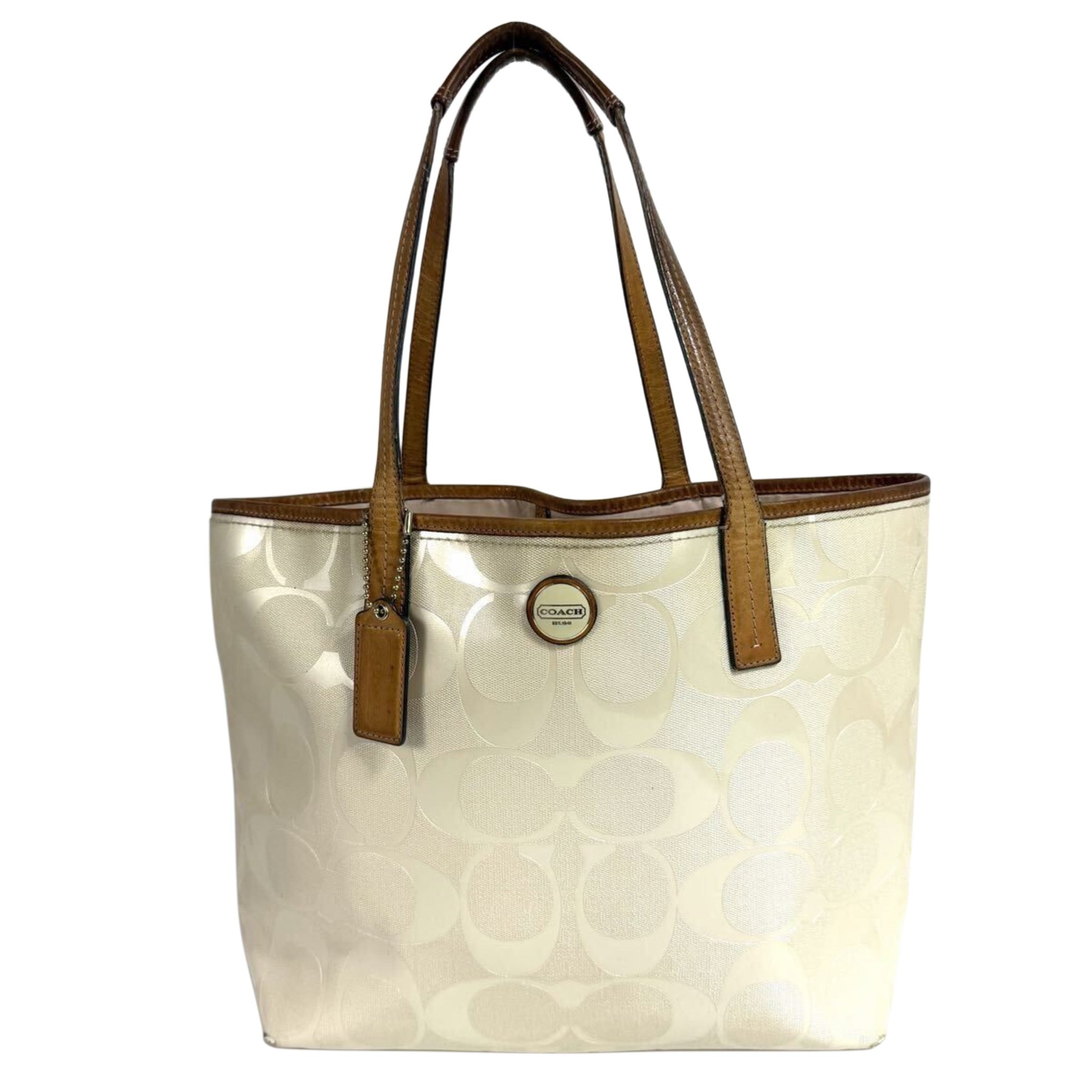COACH Canvas Leather Signature Ivory Tote Bag with Pink Interior