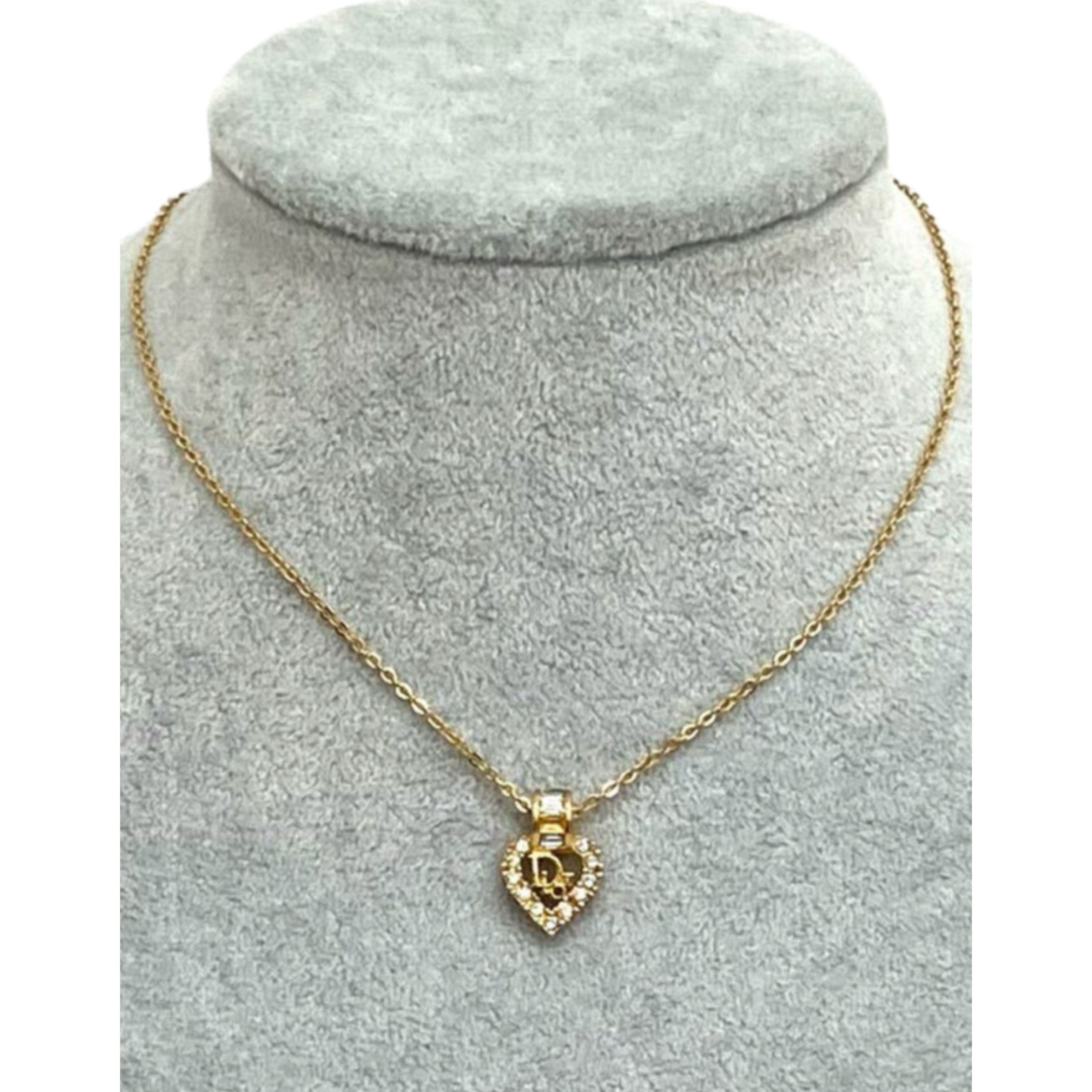 CHRISTIAN DIOR Rhinestone Logo Heart Pendant Necklace