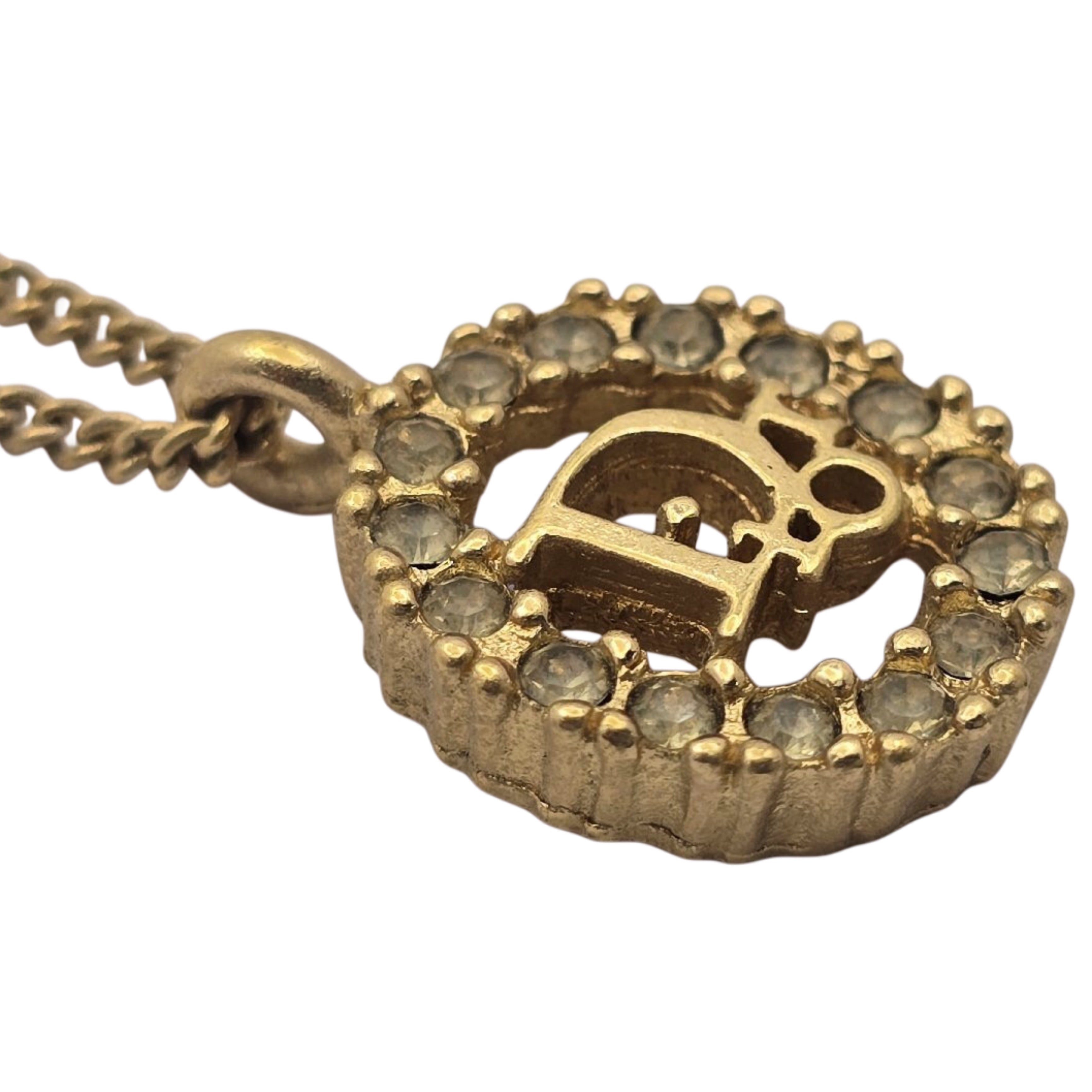 CHRISTIAN DIOR CD Logo Rhinestone Circle Pendant Necklace