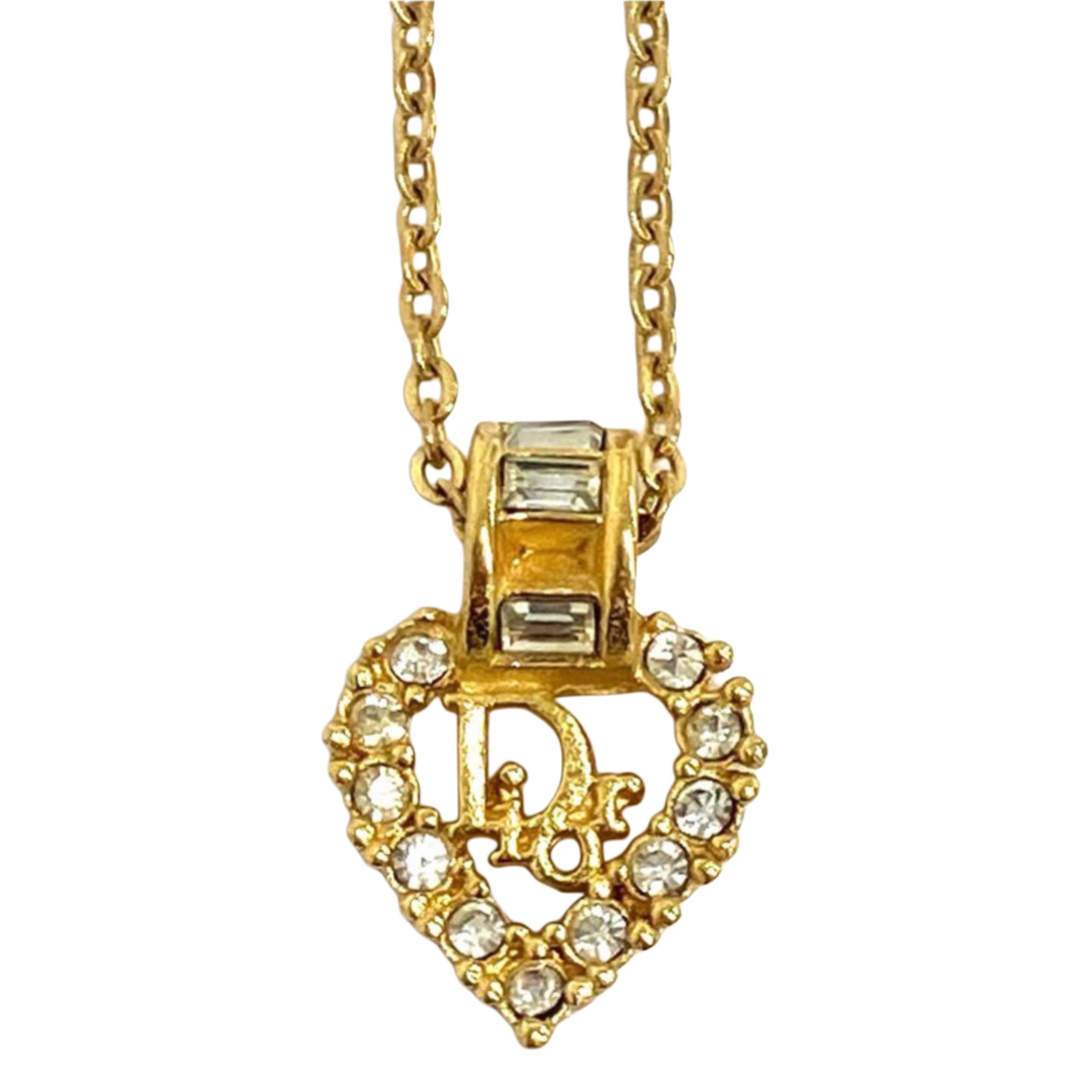 CHRISTIAN DIOR Rhinestone Logo Heart Pendant Necklace