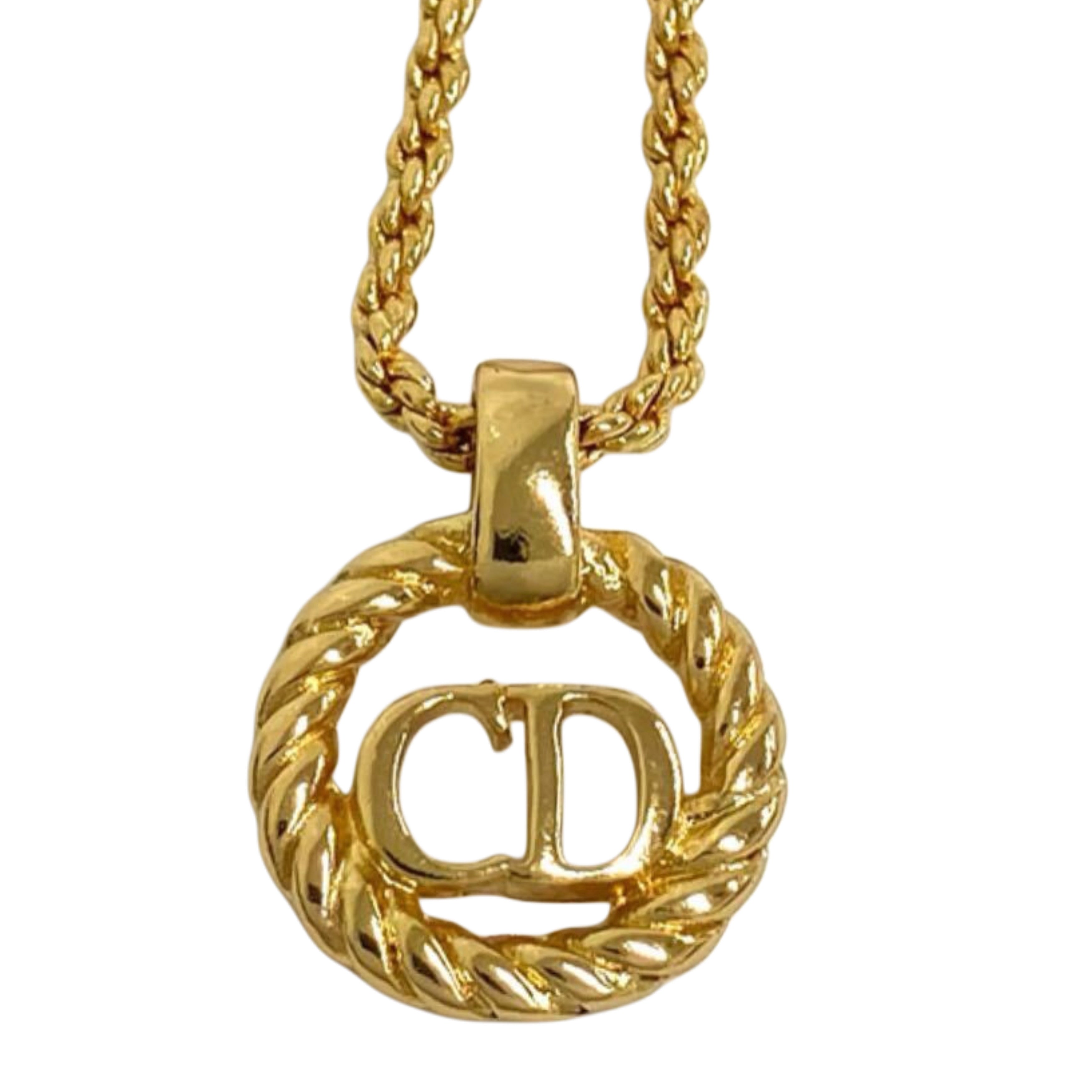 CHRISTIAN DIOR Vintage Gold Plated Rope Circle CD Logo Pendant Necklace