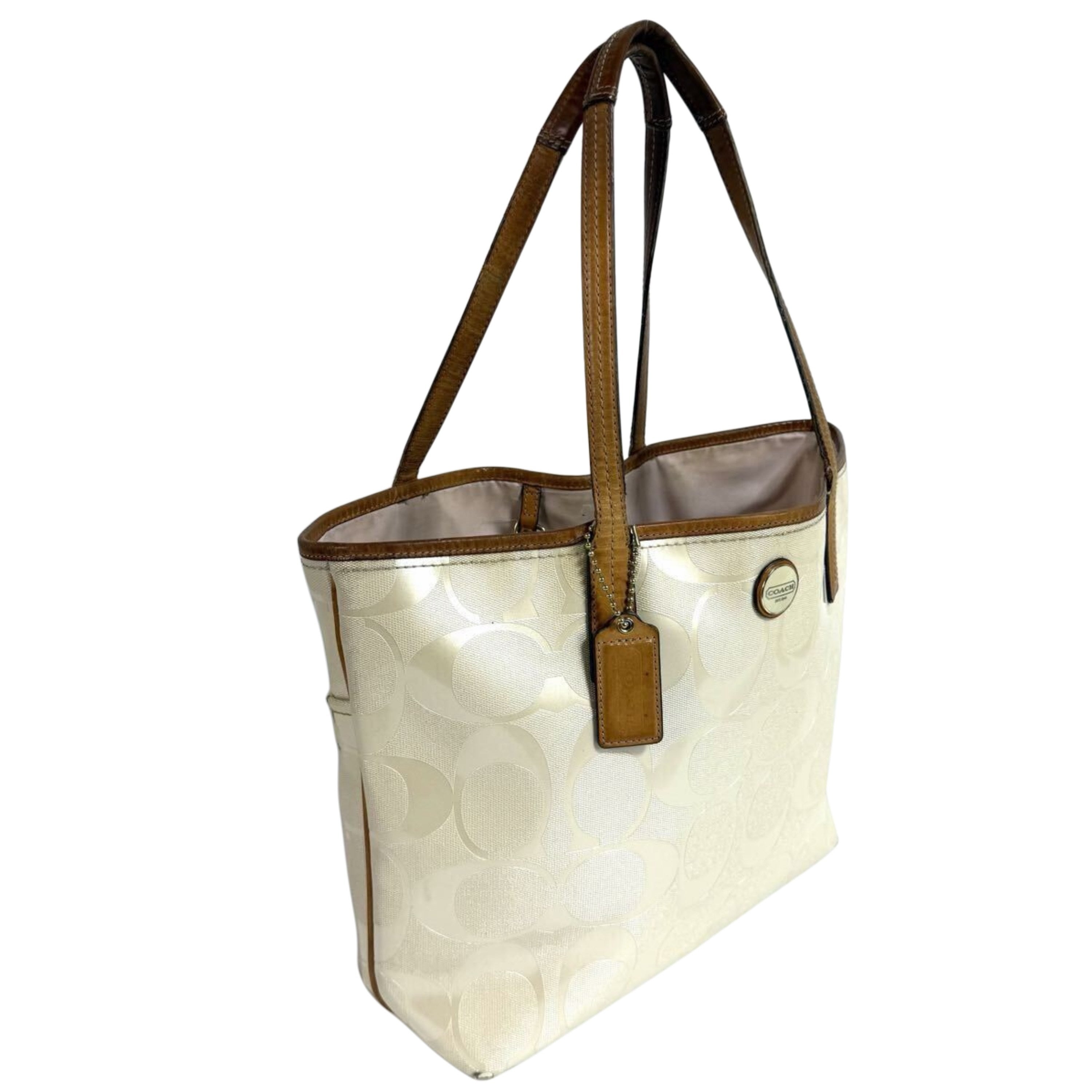 COACH Canvas Leather Signature Ivory Tote Bag with Pink Interior