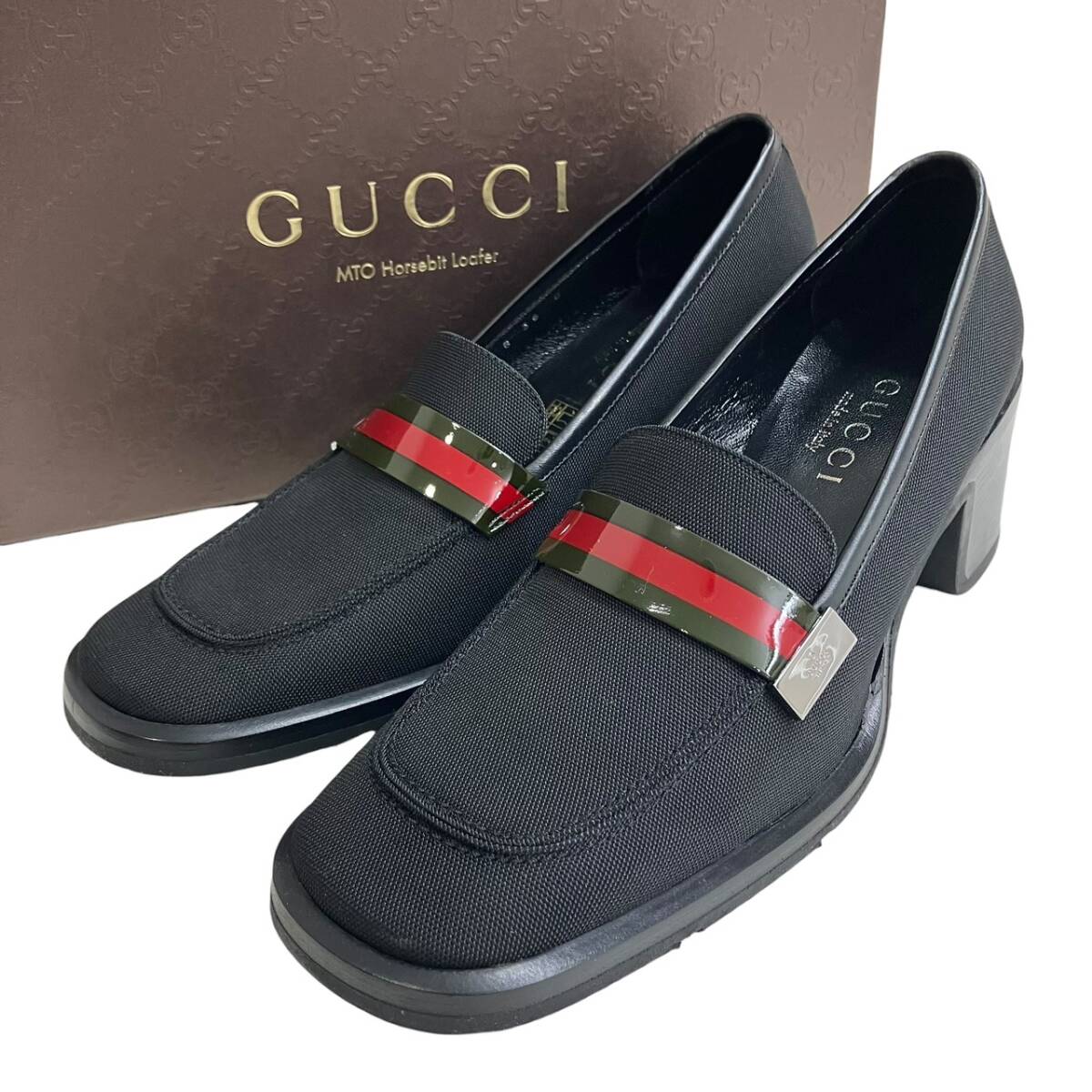 GUCCI Sherri Line Canvas Block Heel Loafer Pumps